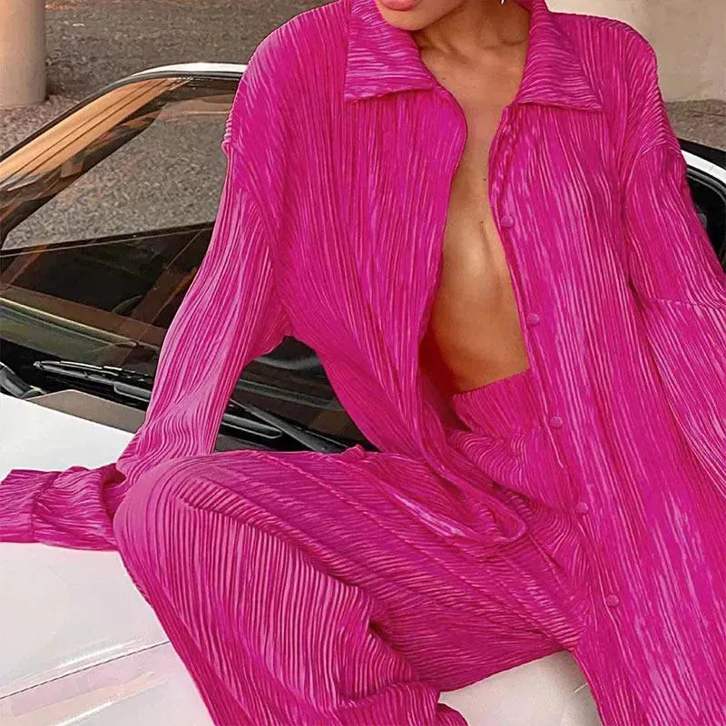 Women Pleated Two-Piece Pants Set