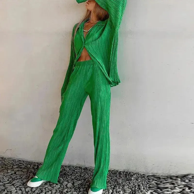 Women Pleated Two-Piece Pants Set