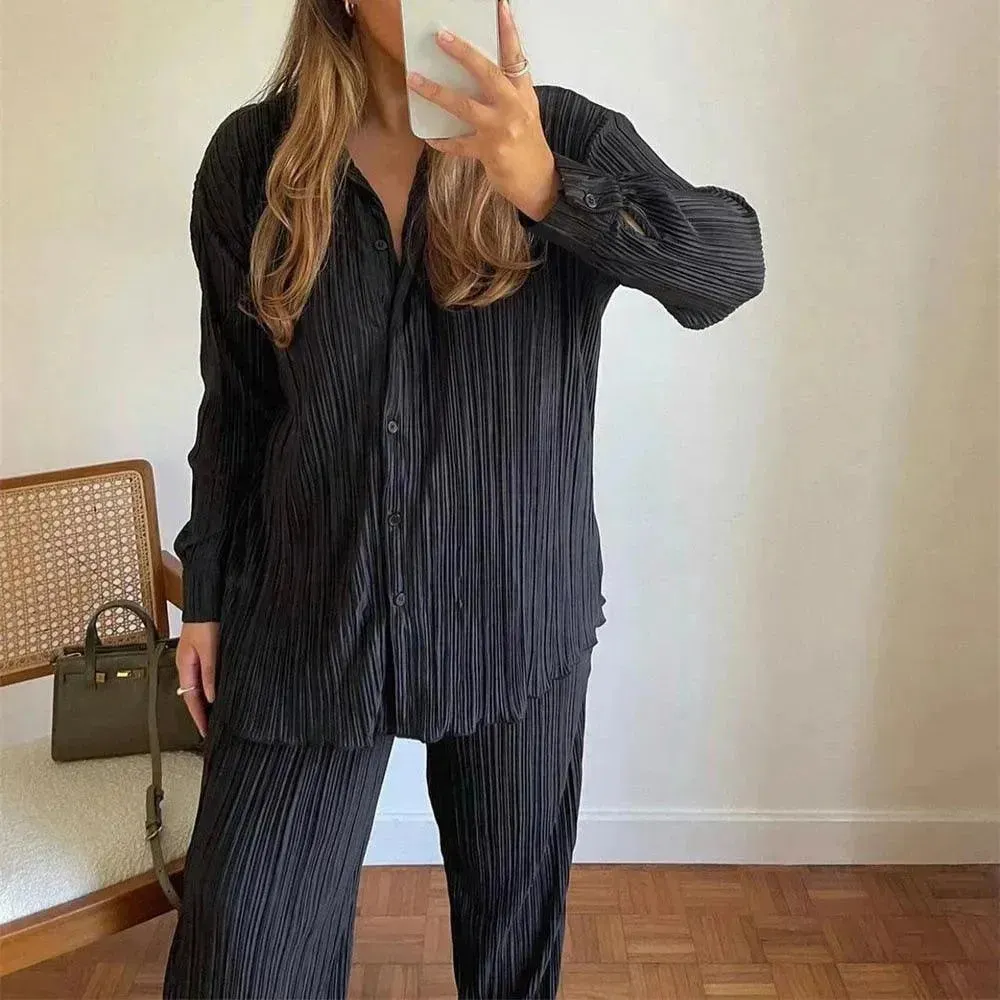 Women Pleated Two-Piece Pants Set