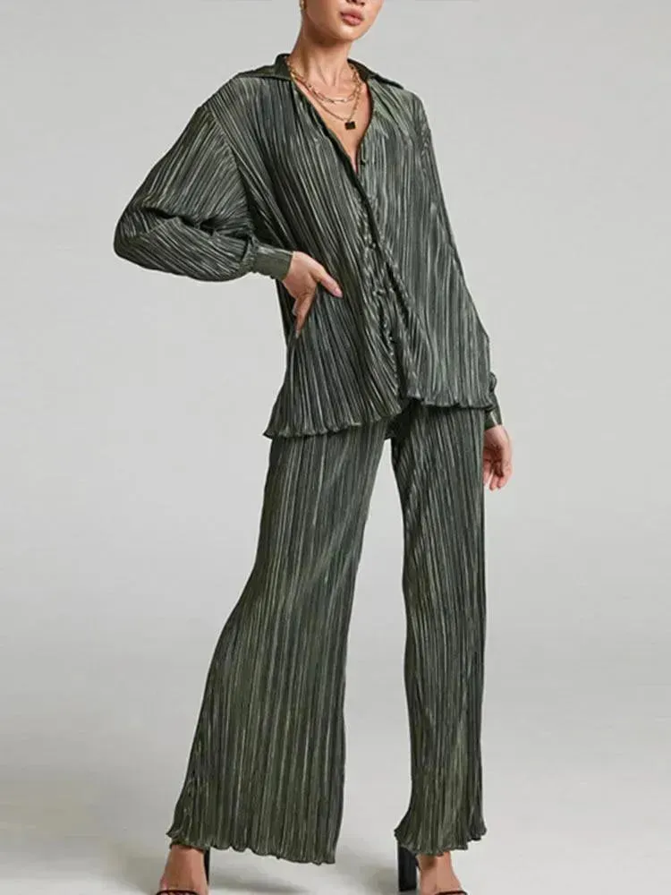 Women Pleated Two-Piece Pants Set